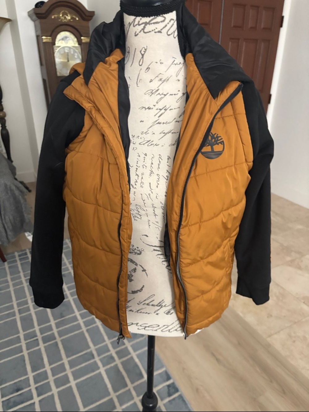 Timberland Mustard Quilted Puffer Jacket with Black Sleeves and Hood